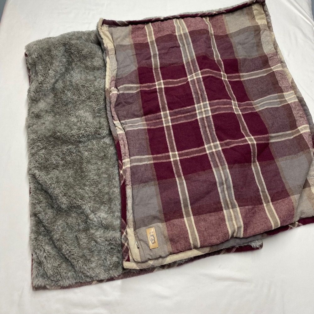 UGG Reversible Plaid Faux Fur Pillow Sham Set Burgundy Grey 20x26 2pc